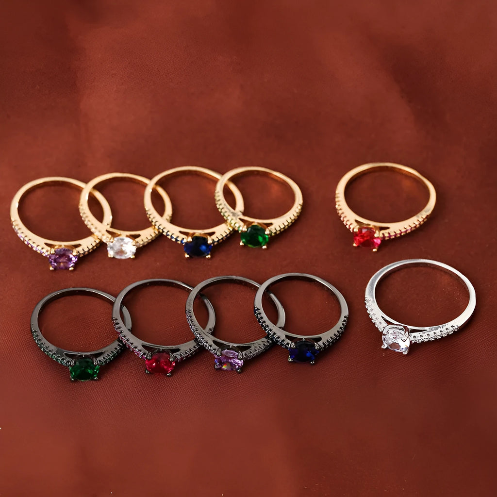 Geometric hexagon zircon fashion ring in electroplated copper on a hand, showing gold and gun black colour options.