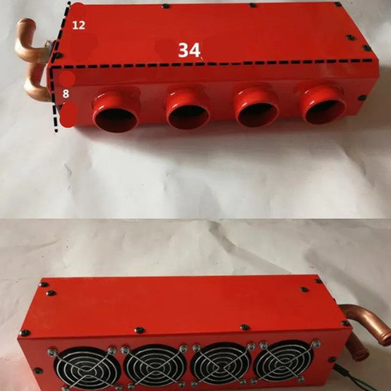 Metal car heater unit with long small four-hole copper pipe connections for 12V 24V vehicles.
