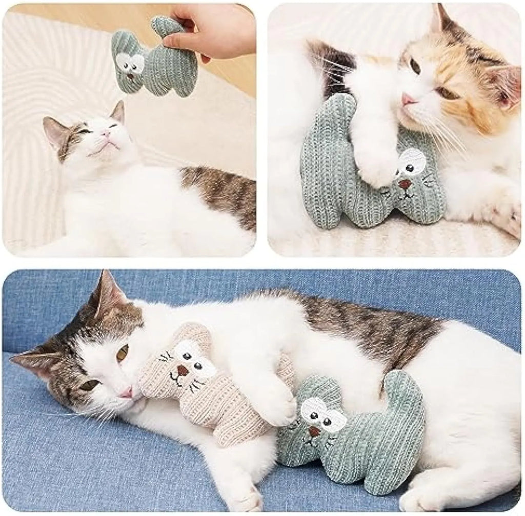 Cyan plush cat toy with a rope tail and bell, shown next to a light coffee coloured version.
