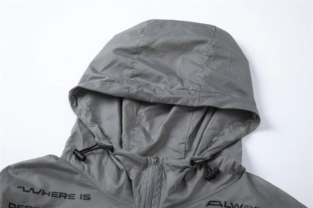 Men's gray nylon sun protection jacket with English letter print, front view, leisure outdoor wear