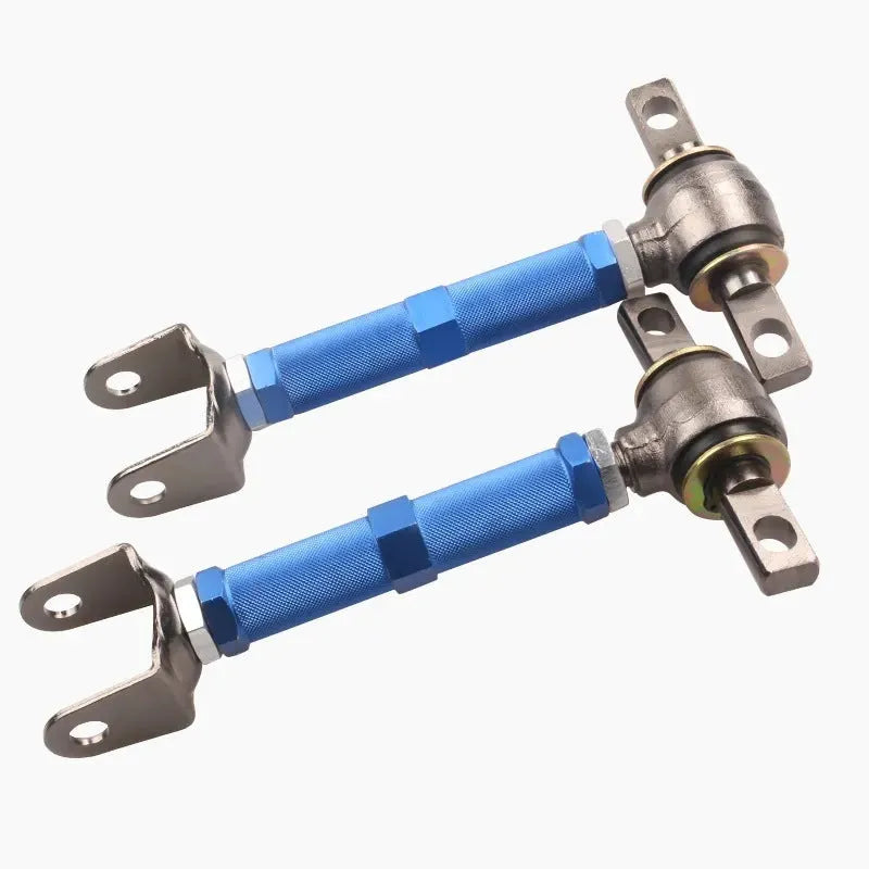 Blue and red aluminium alloy ES bone recliner components for Honda Civic EP3 rear suspension.