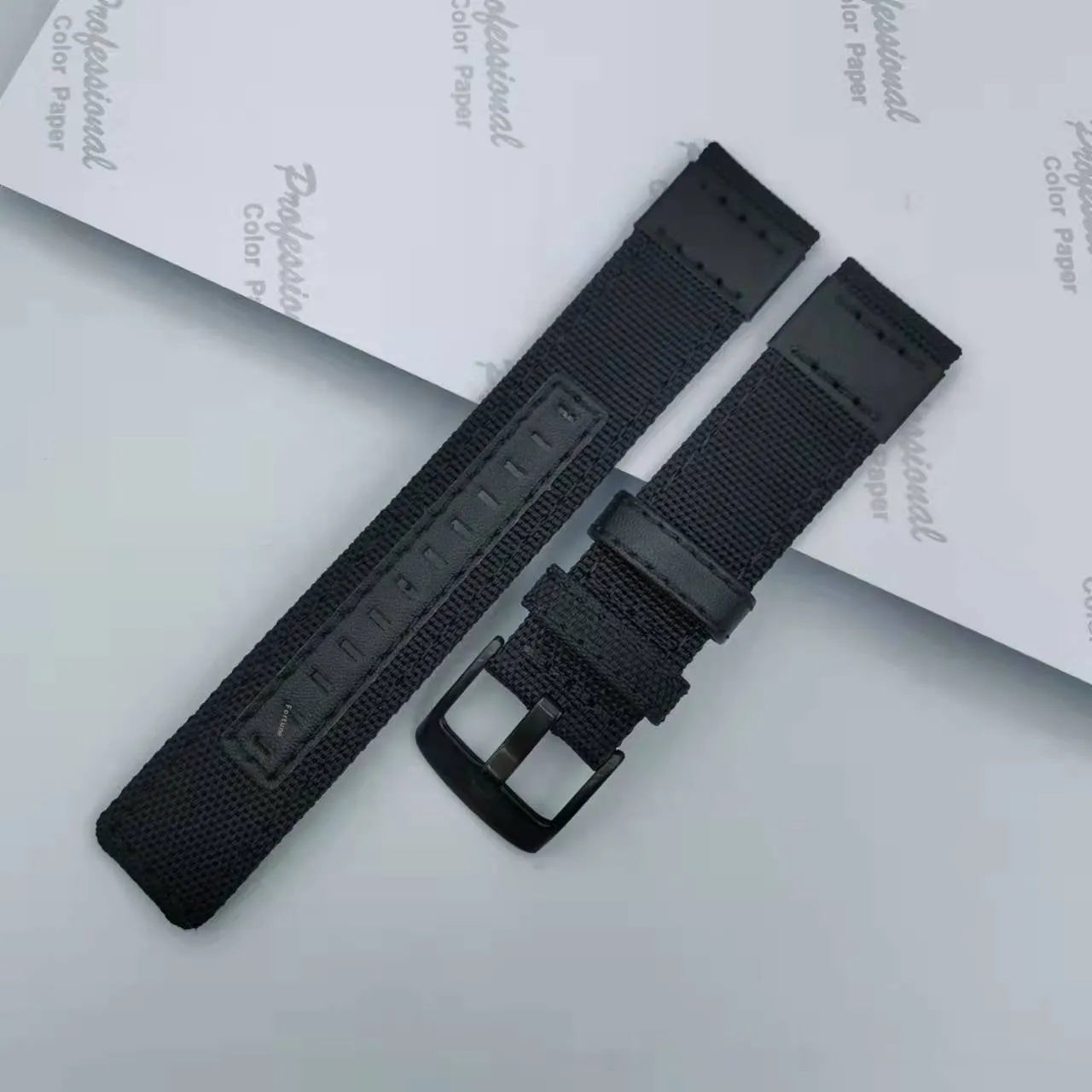 Oxford cloth canvas watch strap shown in multiple colour options including black, army green, and camouflage.