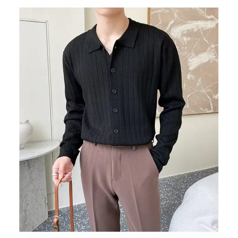 Men's loose fit cotton chenille cardigan sweater with lapel collar, available in green grey black white
