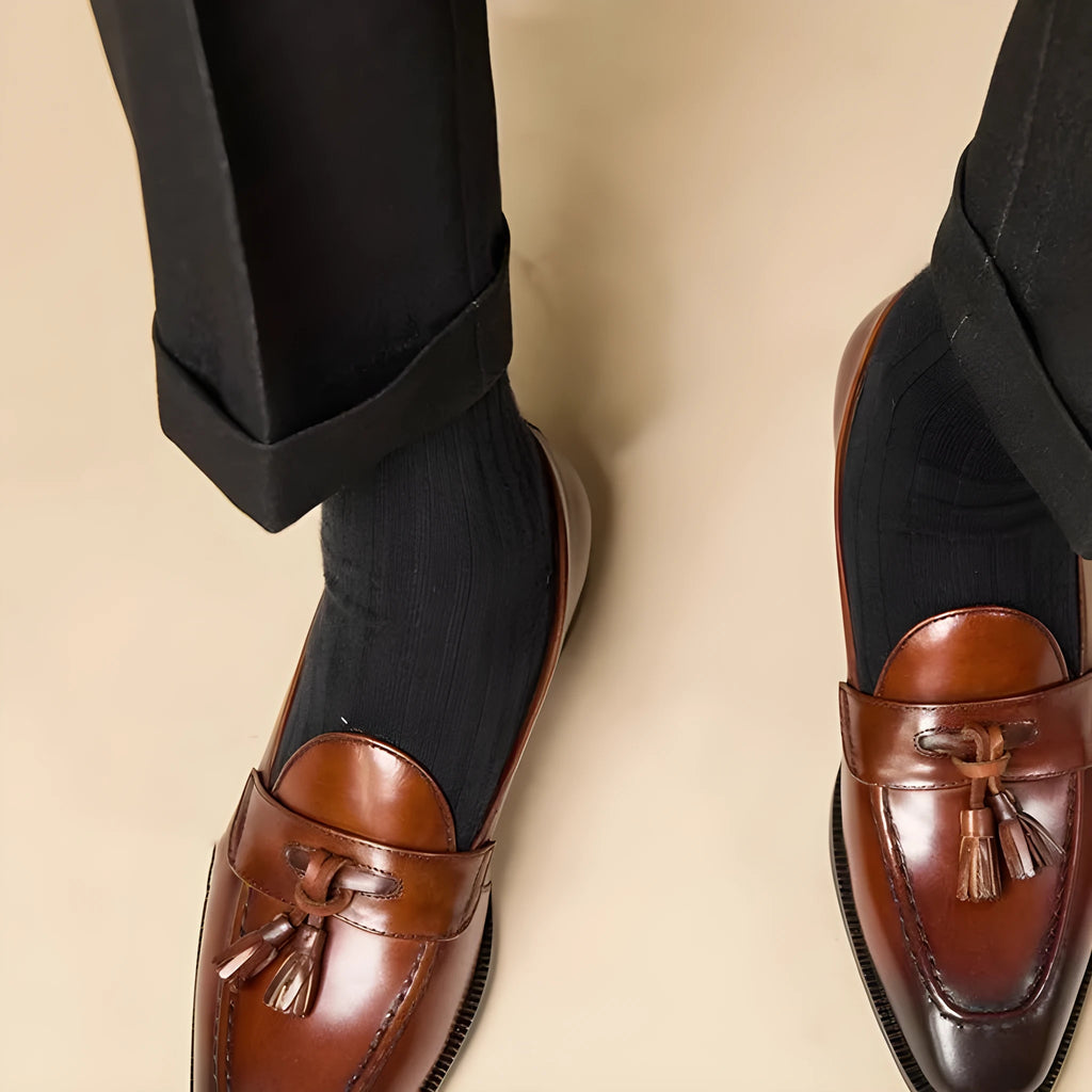 Black and brown genuine leather tassel loafers for business casual wear