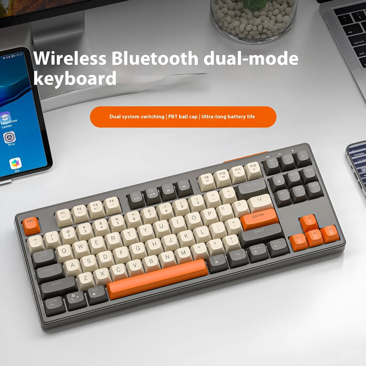 Free Wolf M87 wireless Bluetooth keyboard in blueberry colour on a wooden desk