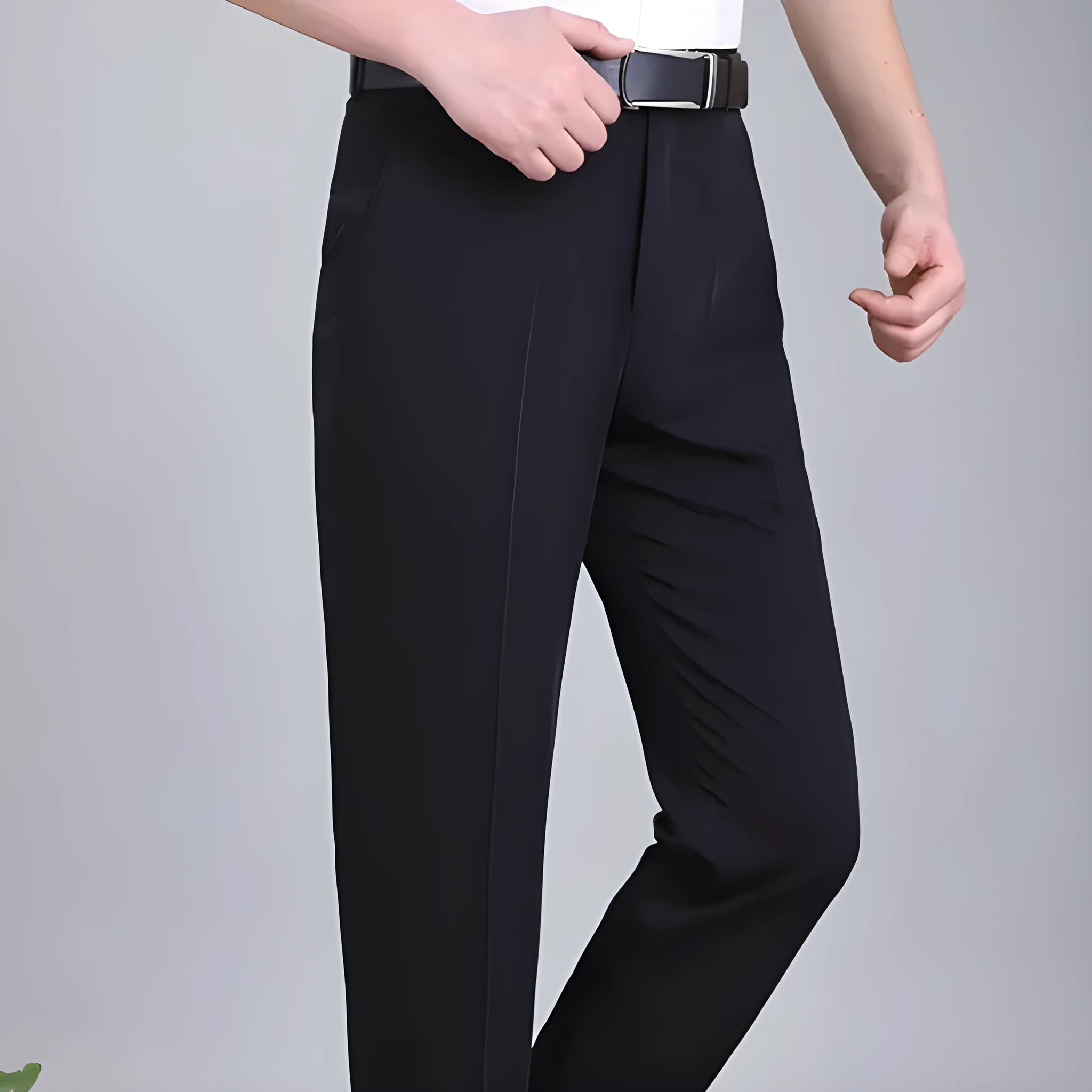 Men's straight-cut non-iron business trousers in a mulberry silk blend fabric on a hanger.