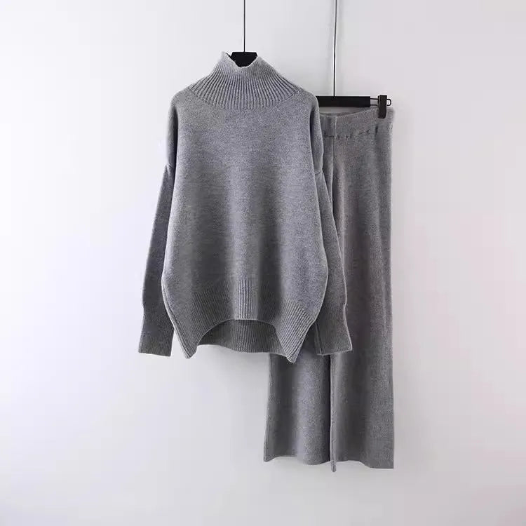 Women's casual two-piece set with acrylic fibre sweater and matching wide-leg trousers in solid colour
