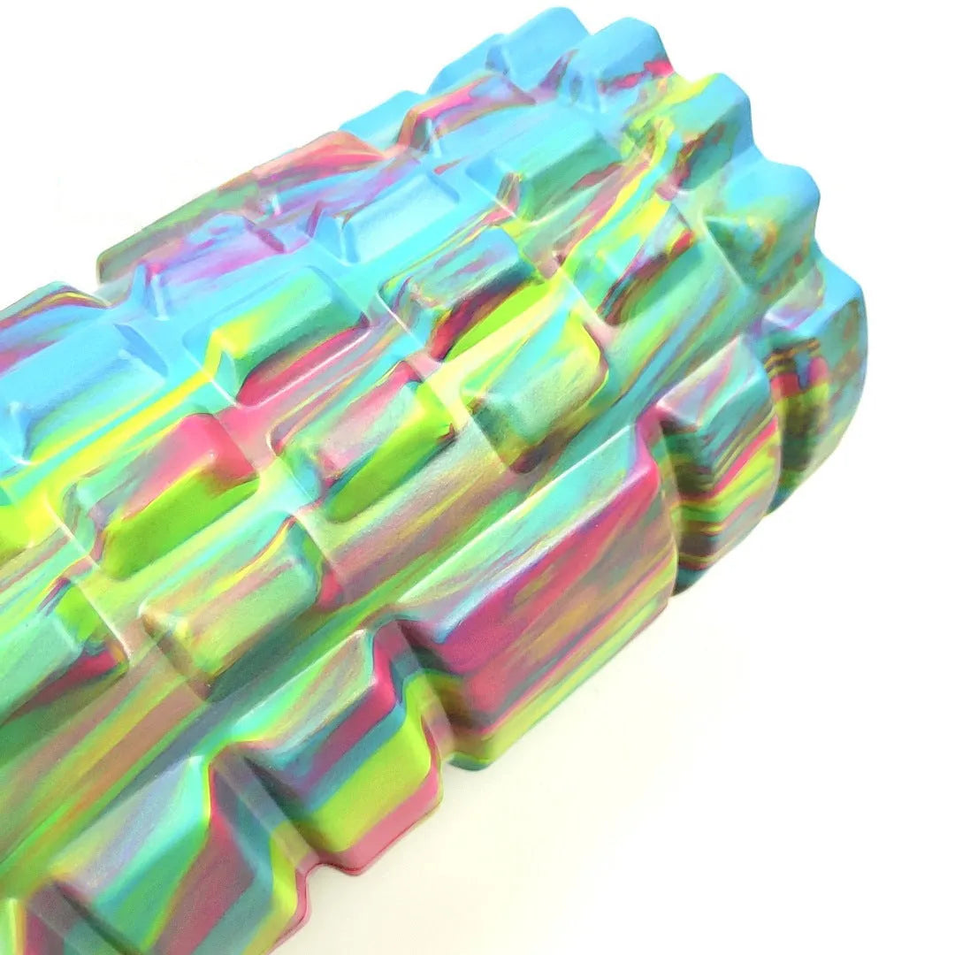33cm camouflage pattern EVA foam roller showing blue green yellow colour variant