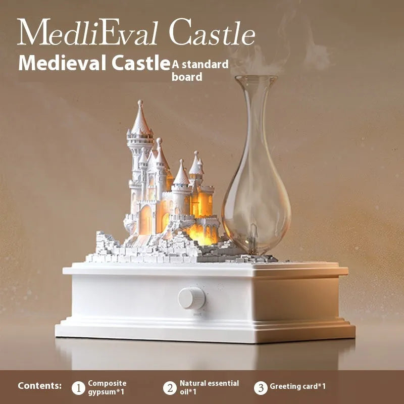 White medieval castle cold fragrance aromatherapy machine with ambient lighting on wooden surface