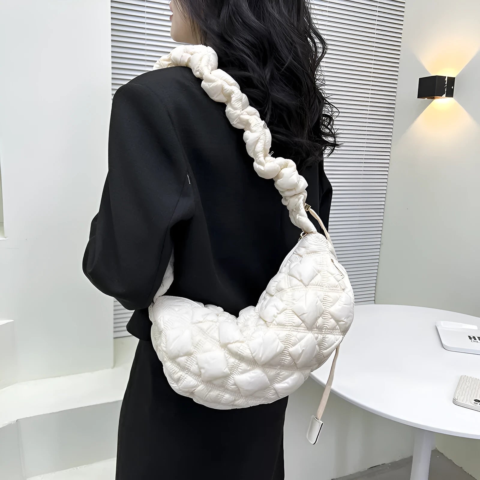 Women's nylon shoulder messenger bag in solid colour with adjustable strap showing dimensions 35cm wide by 20cm high