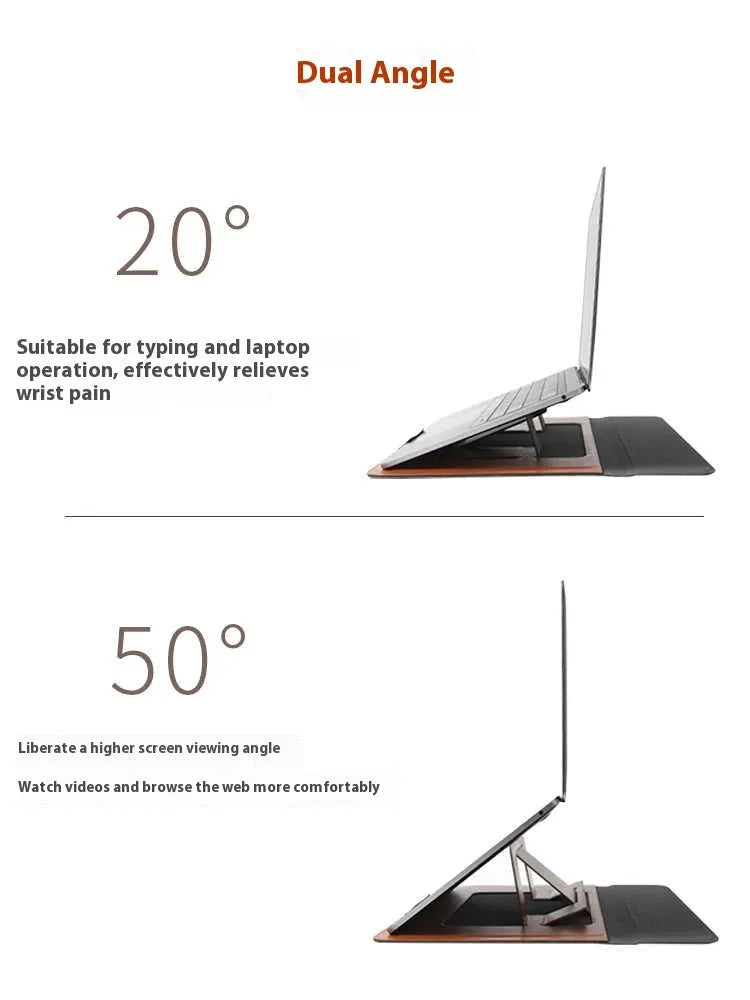 Brown integrated laptop bracket bag showing dual-angle stand position for a 13.3-inch notebook.