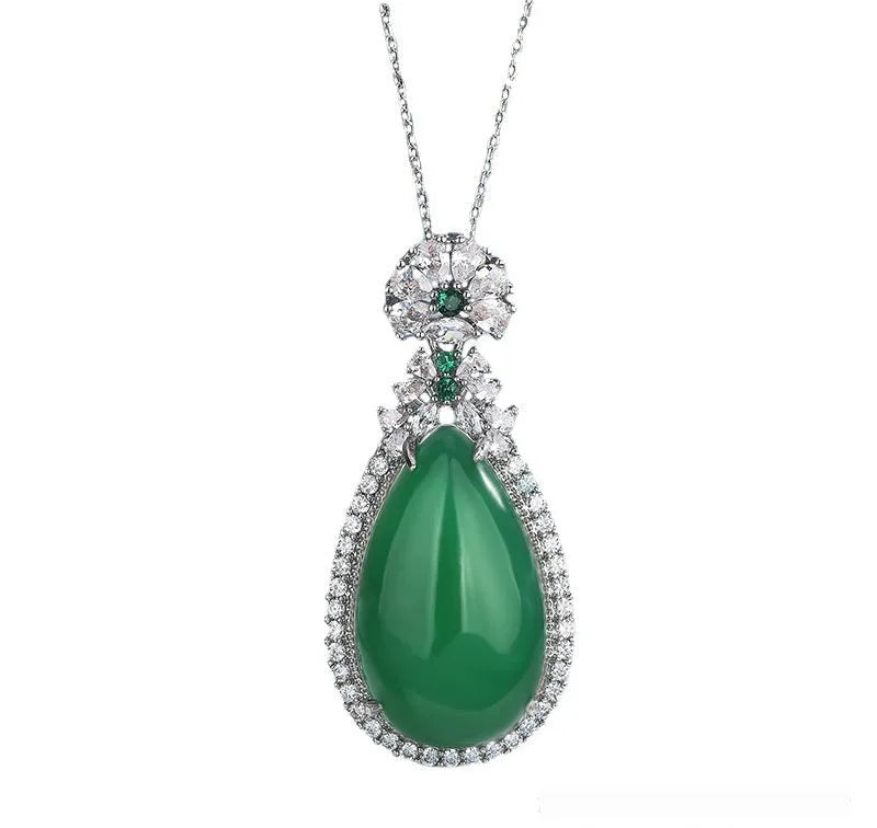 Green chalcedony water drop pendant with inlaid stone and electroplated copper geometric ellipse setting