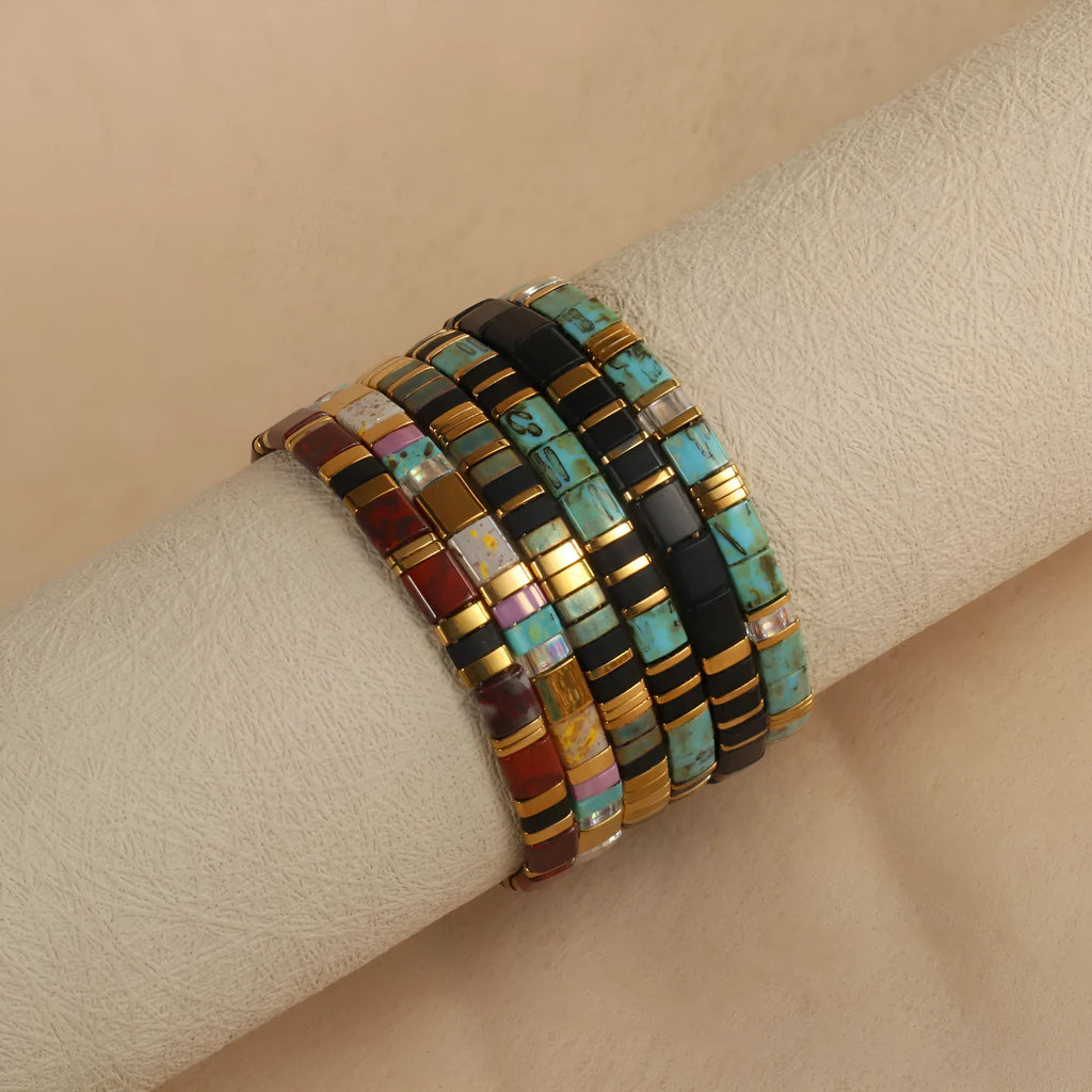 European American style pull bead bracelet with geometric designs in five colour options