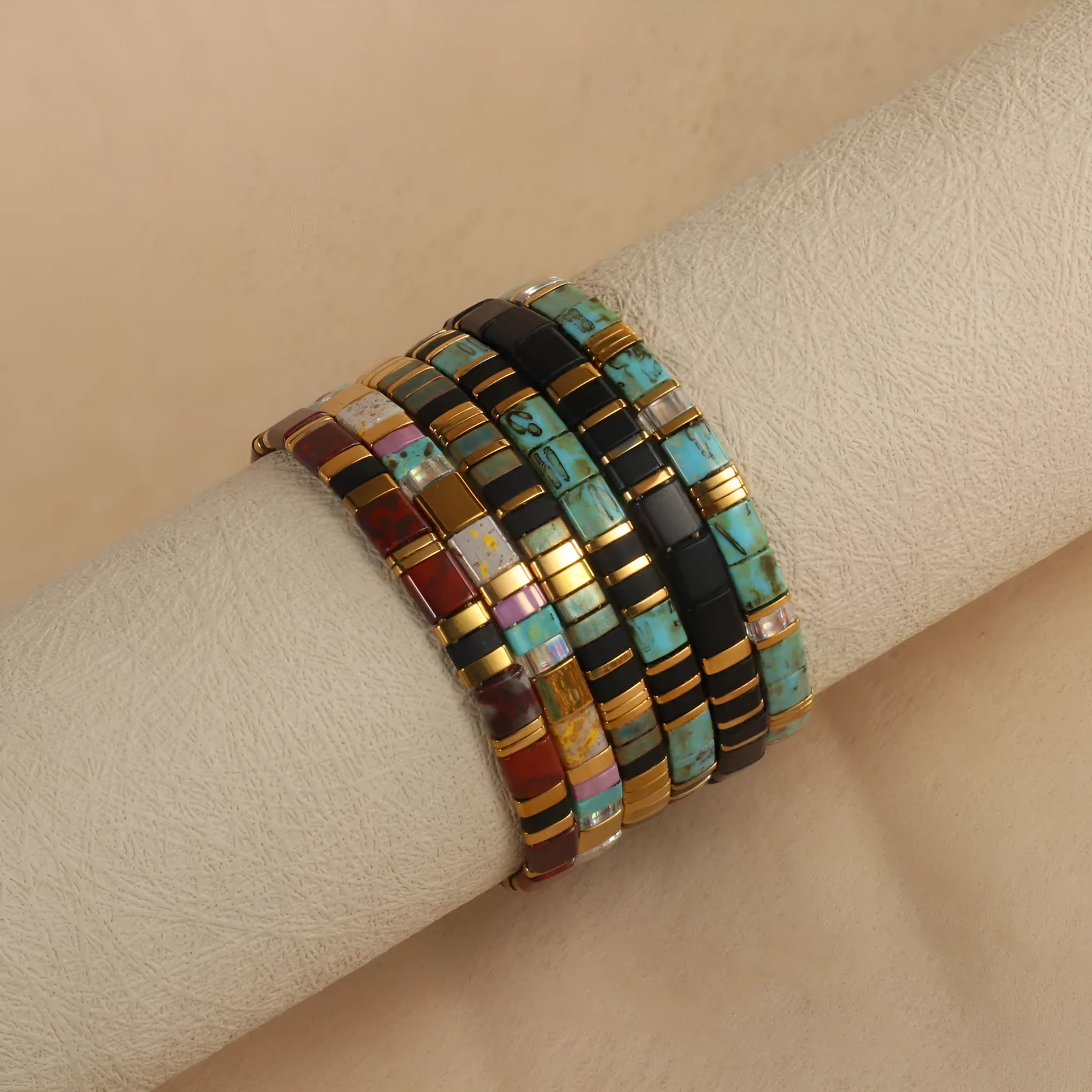 European American style pull bead bracelet with geometric designs in five colour options