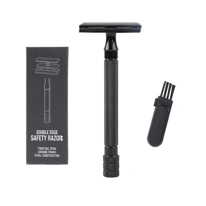 Traditional manual shaving metal scraper and brush set in black or silver for wet shaving