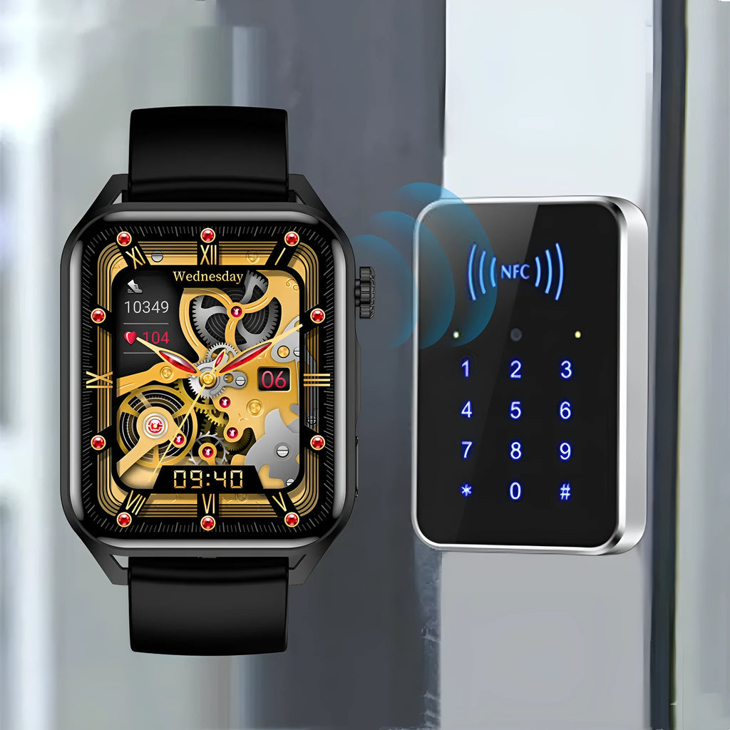 Pink AMOLED smart watch on wrist showing home screen, with silicone strap and physical side button.