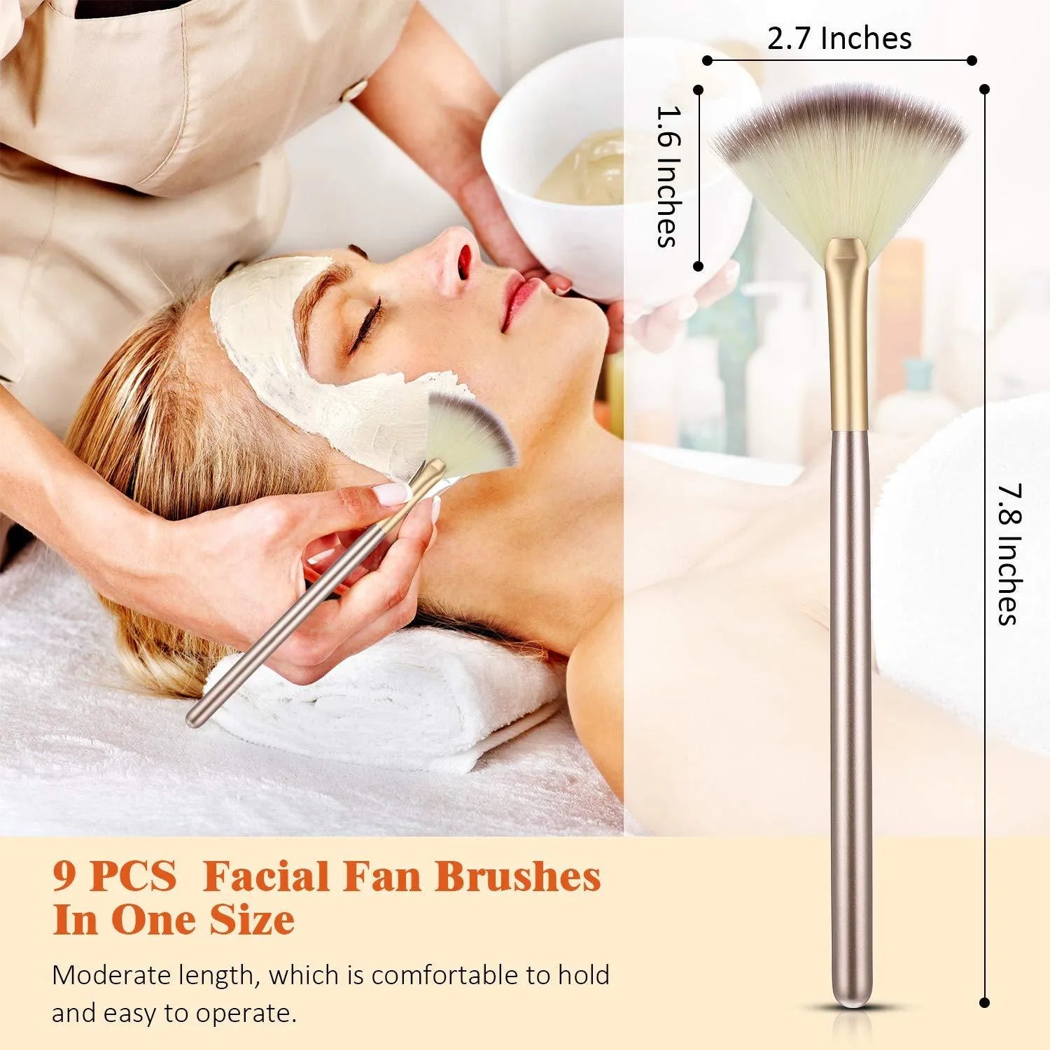 Ten professional champagne-coloured facial fan brushes with acrylic handles and protective covers.