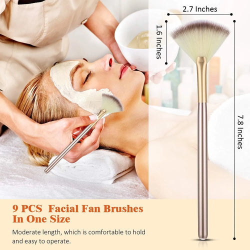 Ten professional champagne-coloured facial fan brushes with acrylic handles and protective covers.