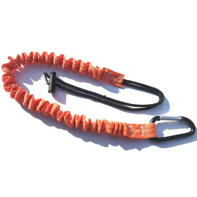 Orange coloured 90cm long elastic safety rope for connecting fishing rod sections to prevent separation.
