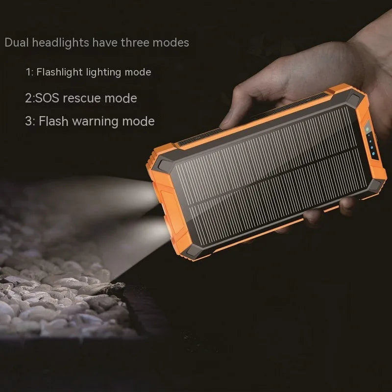 Solar wireless power bank in orange black, 173 x 89 x 28mm plastic shell, 10000mAh or 20000mAh capacity