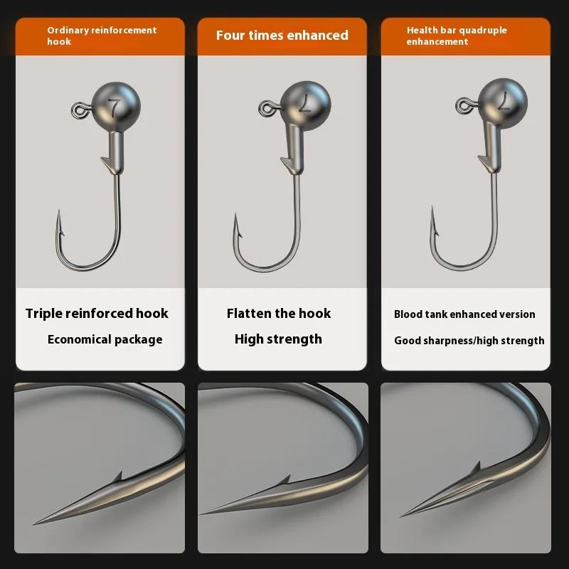 Pack of 50 colour coded enhanced strength fishing jig hooks laid out on a surface.