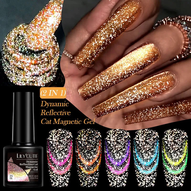 Diamond In The Debris Cat Eye Series UV Gel Nail Polish bottle in one of six glittery colours with nail glue.