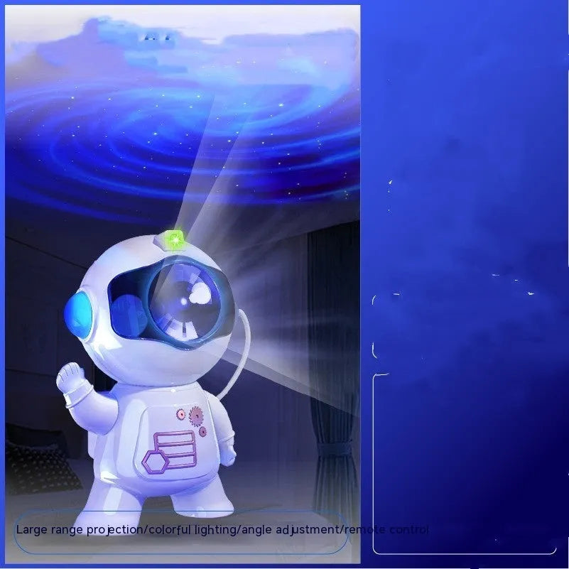 White astronaut starry sky projection lamp with 8 colour options and remote control on a shelf