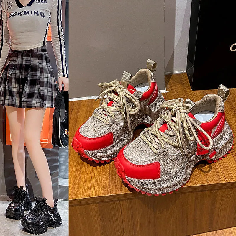 Shiny sequin women's high-top sneakers with thick soles, lace-up design, silver and red rhinestone accents