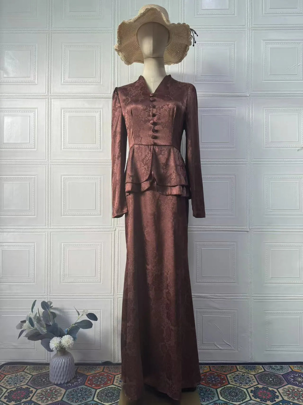 Dark brown artistic retro women's dress with floral patterns, fake two-piece design, and long sleeves