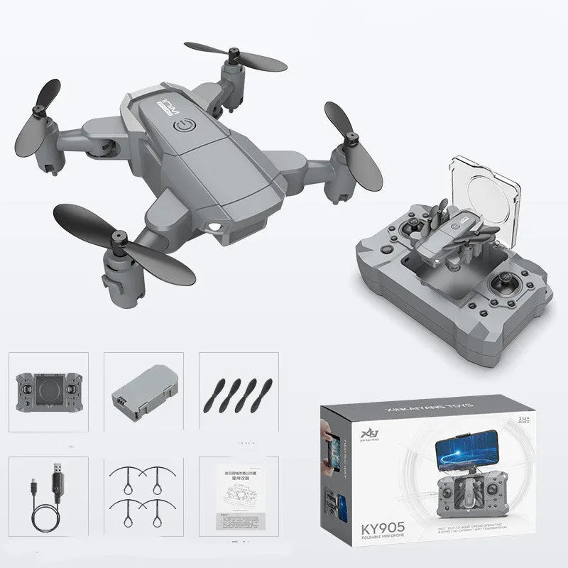 Mini four-axis drone with alloy body, folded size 6 x 7.5 x 3 cm, shown with remote control and protective rings