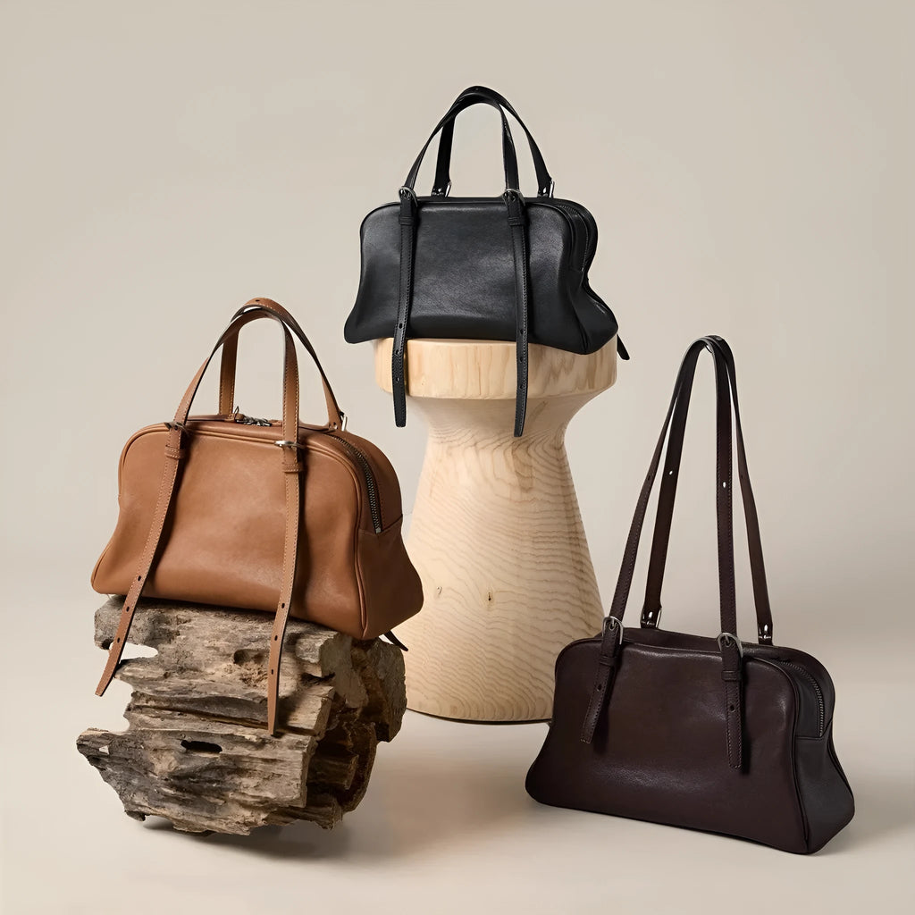 Women's retro genuine leather shoulder bag with horizontal square shape and double shoulder straps