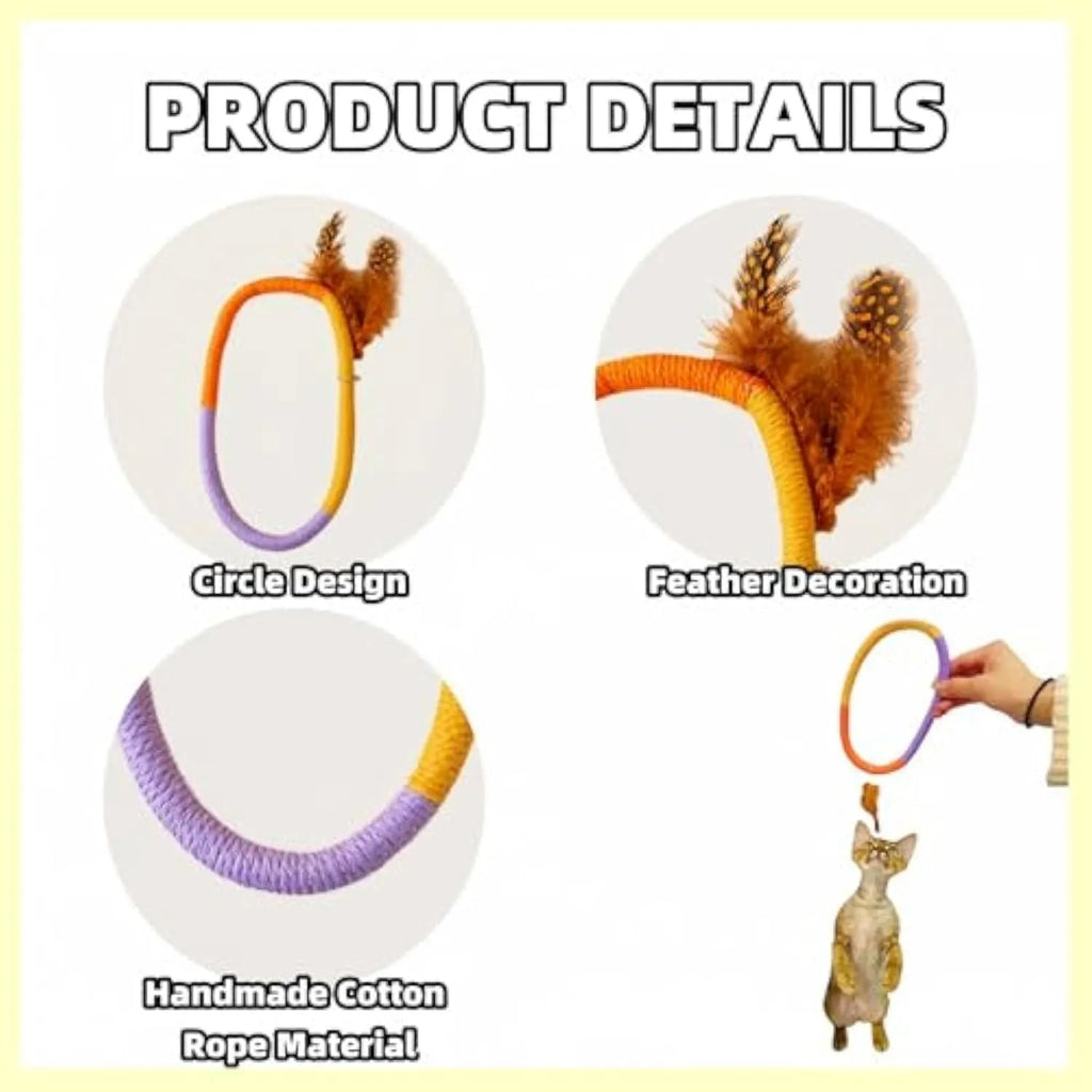 Circular green cotton rope cat toy with white feathers attached on a wooden floor.