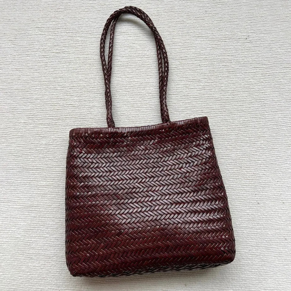Brown handmade cowhide leather woven tote bag with three-dimensional pockets