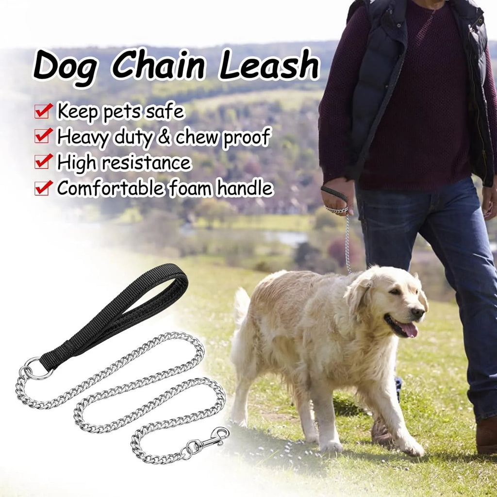Heavy duty metal dog leash with soft padded handle in black, blue, and red options