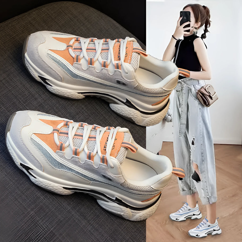 Autuspin women's retro flat platform sneakers in orange and pink, cow leather upper, TPR sole.