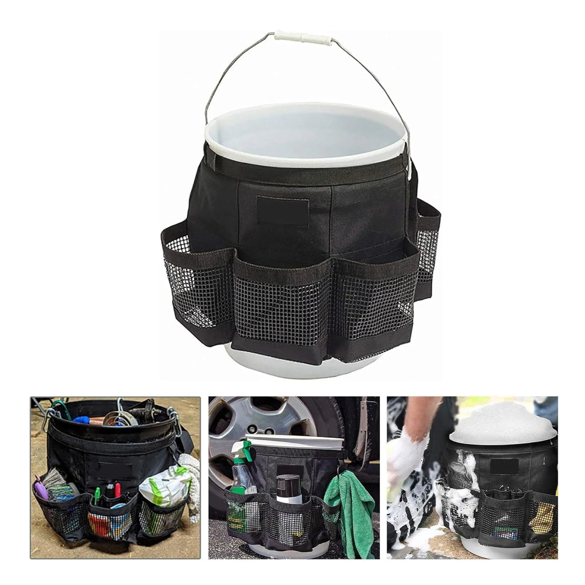 Black cylindrical polyester storage bag fitted onto a 5-gallon bucket for holding car wash tools and fishing gear.