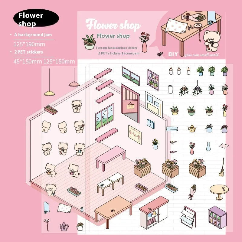 Capabala cartoon landscape 3D sticker sheet showing pre-cut self-adhesive shop scenes.
