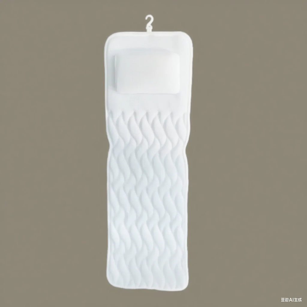 White bathtub pillow with 4D mesh and seven suction cups on a bath mat.
