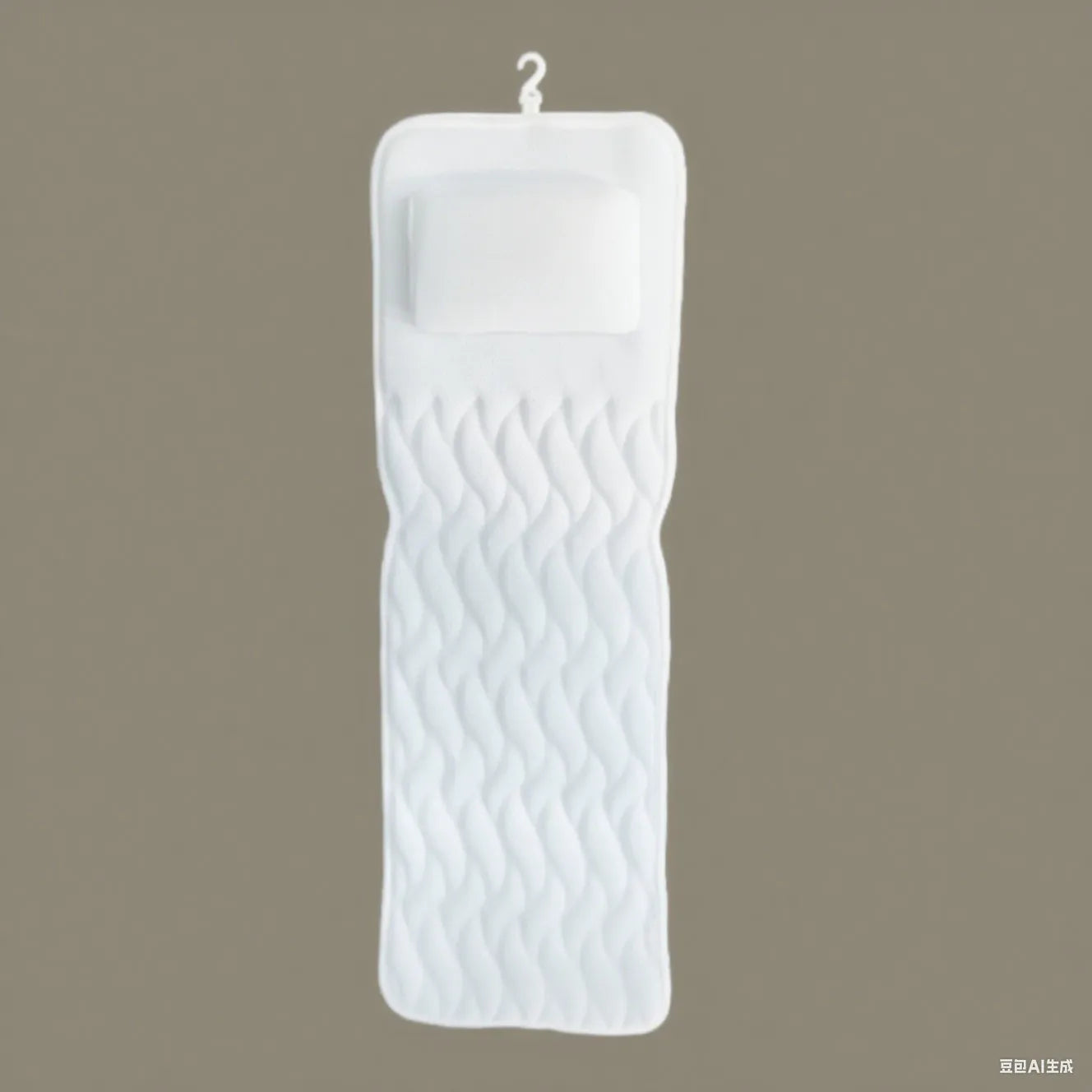 White bathtub pillow with 4D mesh and seven suction cups on a bath mat.