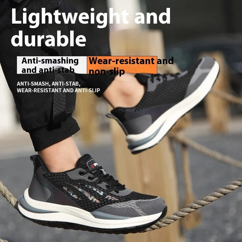 Men's black grey insulated electrician safety shoes with plastic toe, microfiber leather and flyknit mesh upper, PU sole