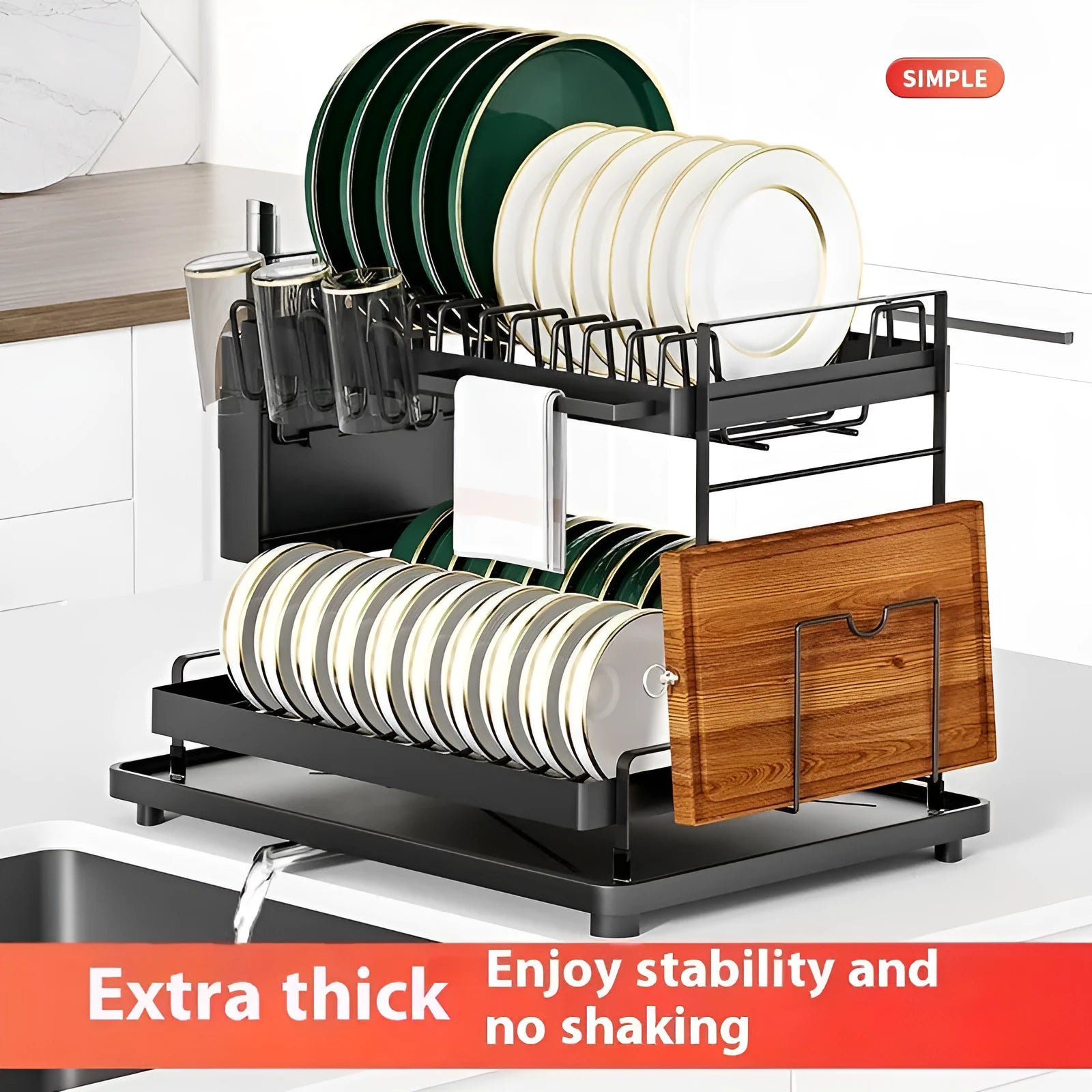 White double-tier metal kitchen storage rack holding pots and pans.