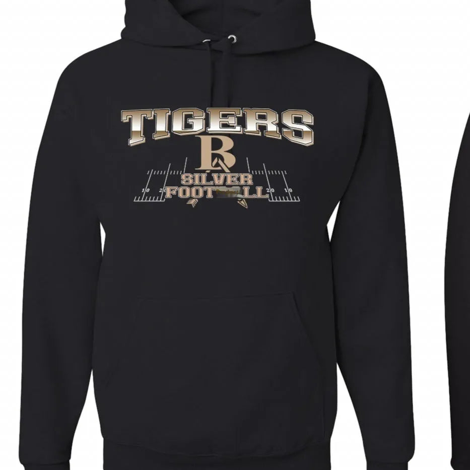 Black drop-shoulder pullover hoodie with long sleeves on a size chart background.