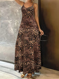 Dark brown leopard print casual sleeveless dress with long skirt and sling straps.