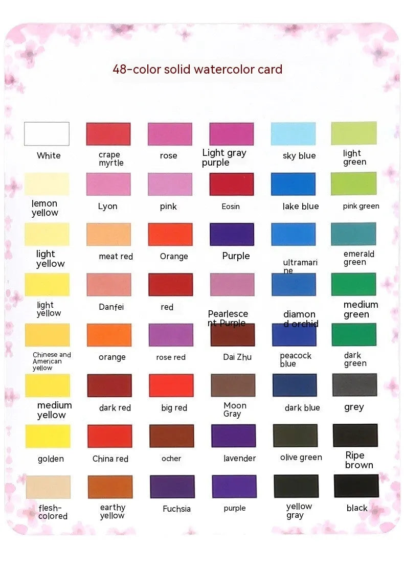 Metal tin open to show 48 pans of solid watercolour paint in various colours including black, pink, and blue.