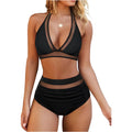 Women's black polyester split bikini swimsuit with separate top and bottom pieces