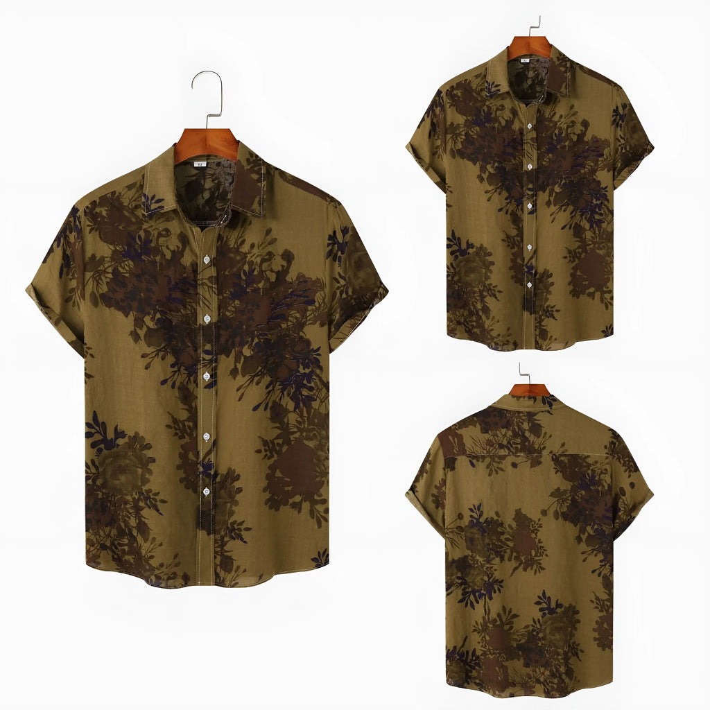 Men's floral lapel shirt in cotton, shown in grey, khaki, yellow and burgundy, sizes M to 3XL