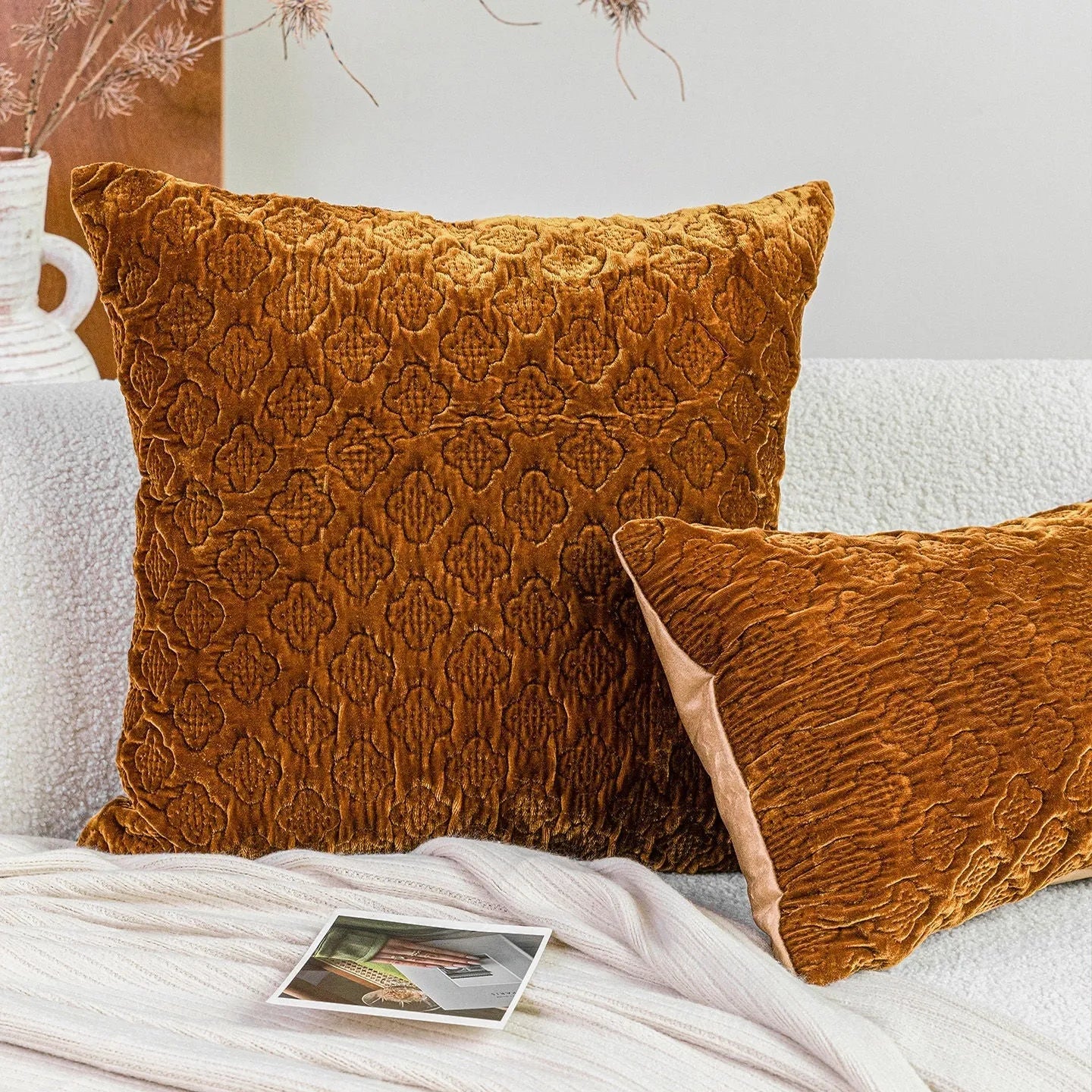 Brown gold antique Chinese style quilted cotton cushion pillow showing three-dimensional pattern
