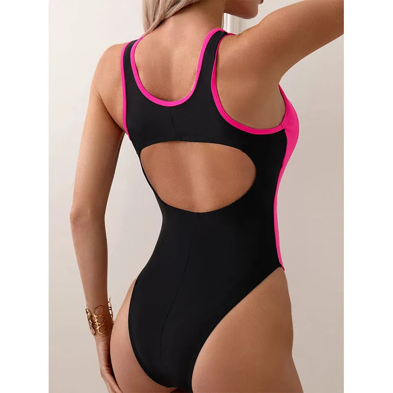 Women's one-piece swimsuit in solid colour, high waist, sleeveless, nylon fabric, available in black, orange, pink, royal blue.