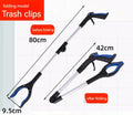 Foldable aluminum alloy garbage clamp with magnet sucker extended and folded showing blue yellow and orange handles
