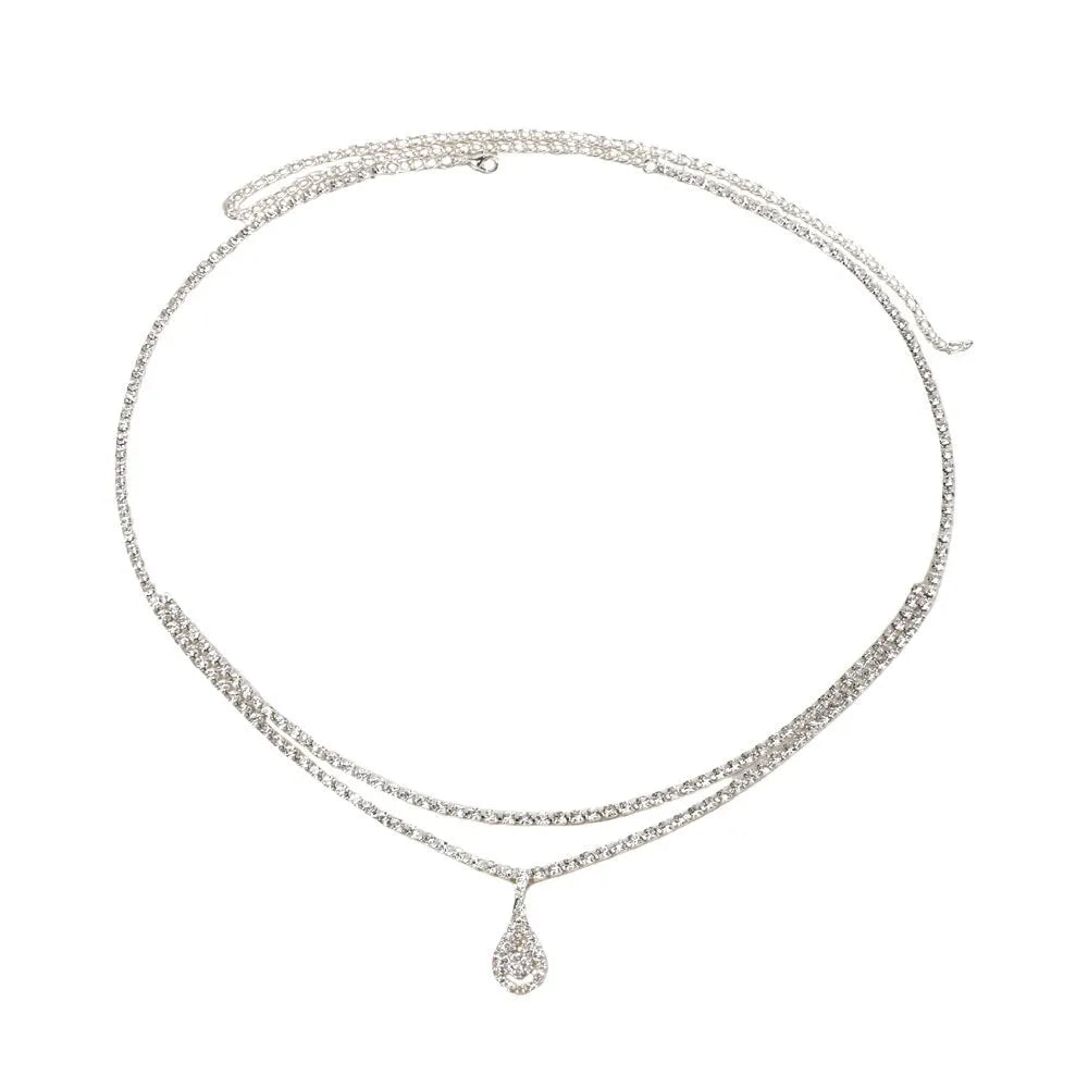 Gold coloured waist chain with a sparkling rhinestone water drop pendant and tassel details.